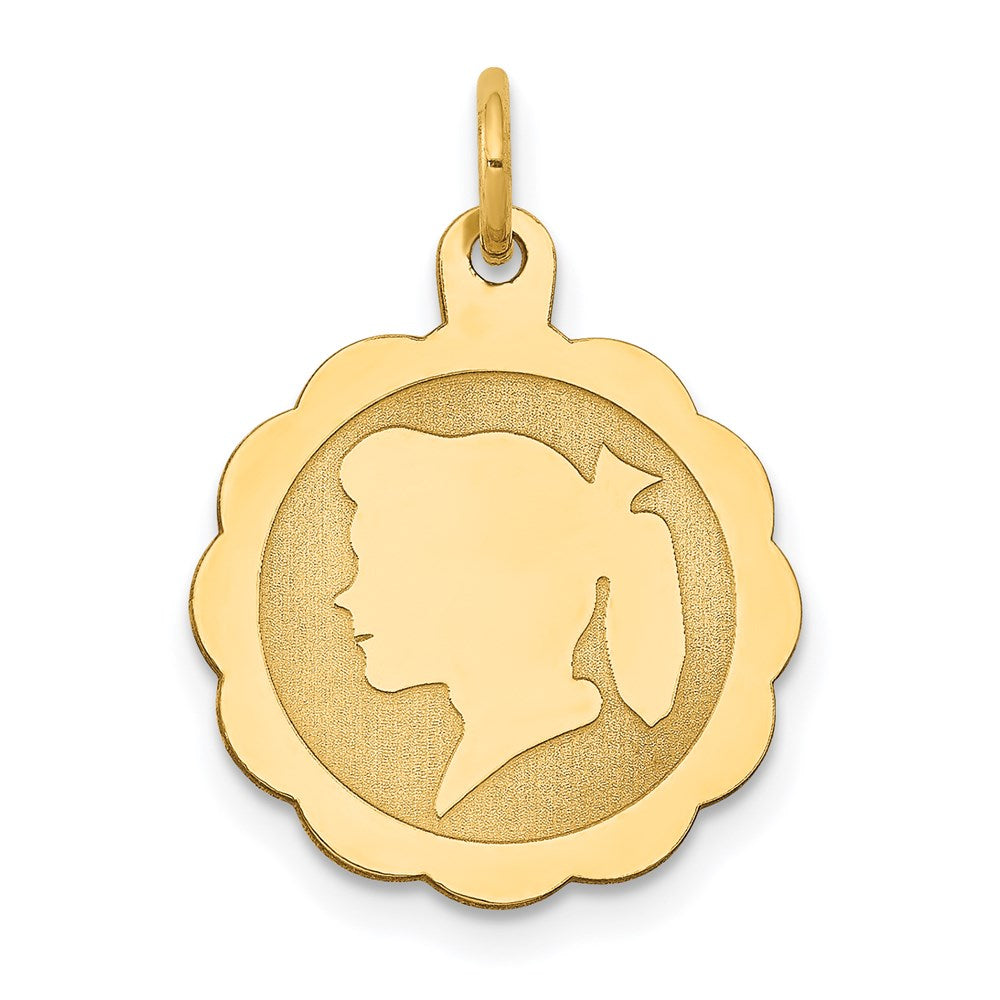 14k Girl Head on .009 Gauge Engravable Scalloped Disc Charm