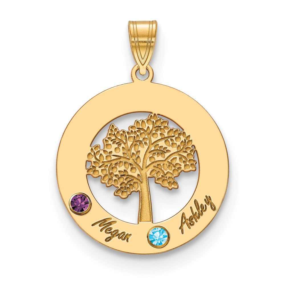 10KY Family Tree in Circle 2 Names and Birthstones w/ 14k Bezel Pendant