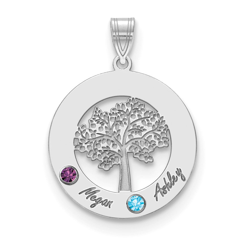 14KW Family Tree Circle 2 Names & Birthstones w/ 18k Rhodium Plated Bezels