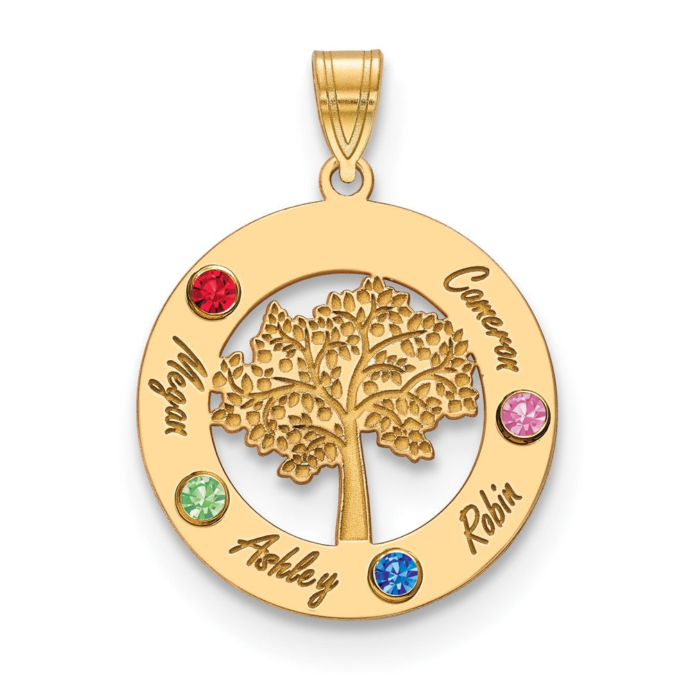 10KY Family Tree in Circle 4 Names and Birthstones w/ 14k Bezel Pendant