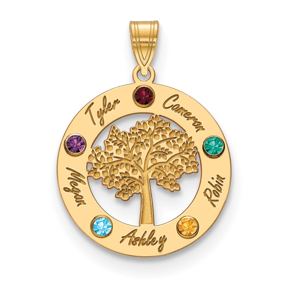 10KY Family Tree in Circle 5 Names and Birthstones w/ 14k Bezel Pendant