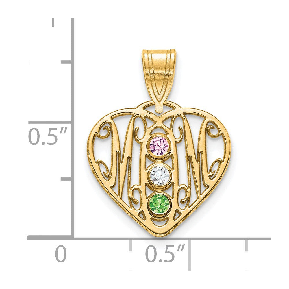10KY MOM in Heart 3 Birthstones w/14k Bezel Pendant