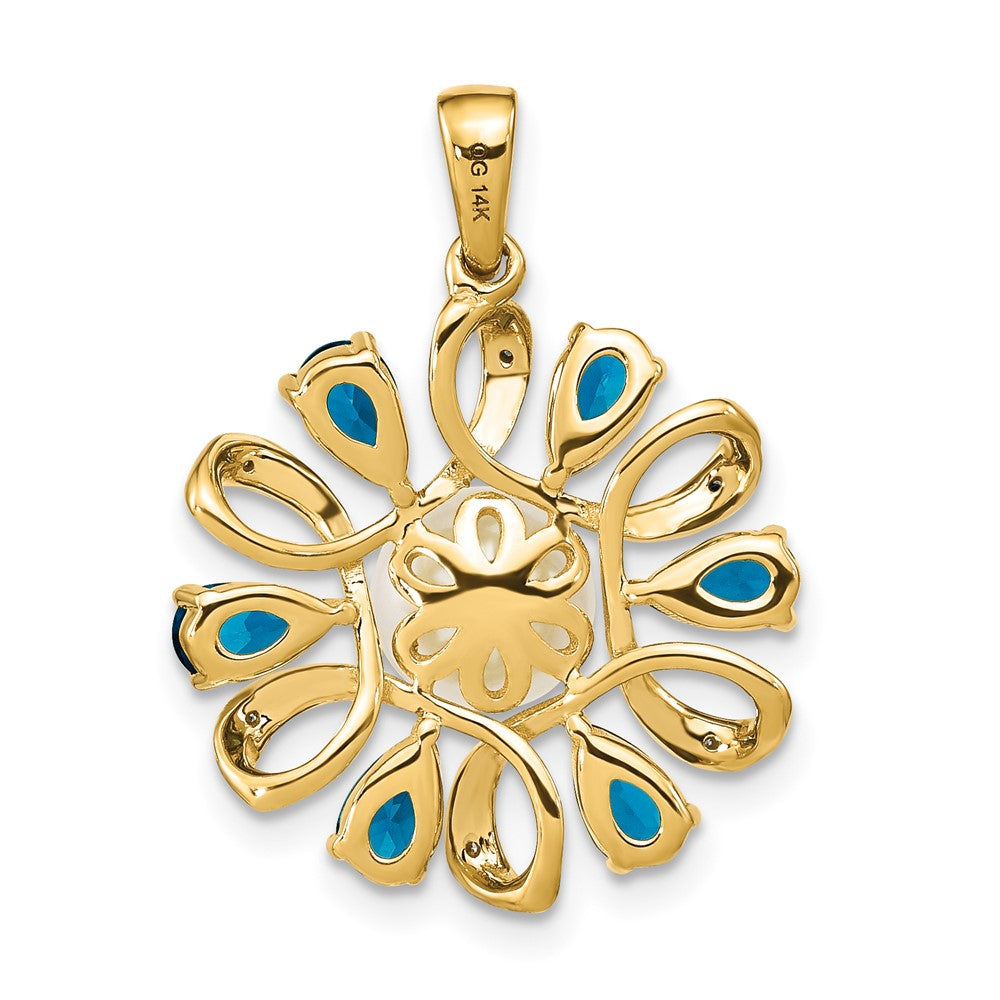 14k Diamond and 6-7mm Button FWC Pearl/London Blue Topaz Pendant