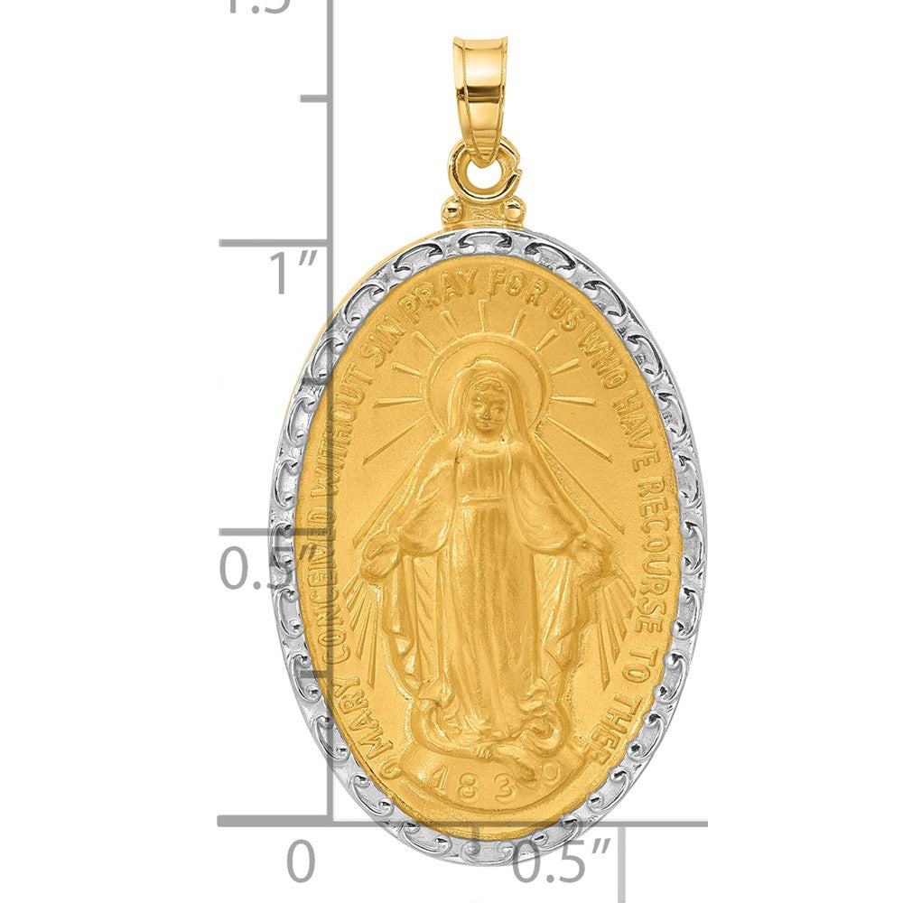 14K with Rhodium Satin and Polished Virgin Mary Medal Solid Oval Pendant