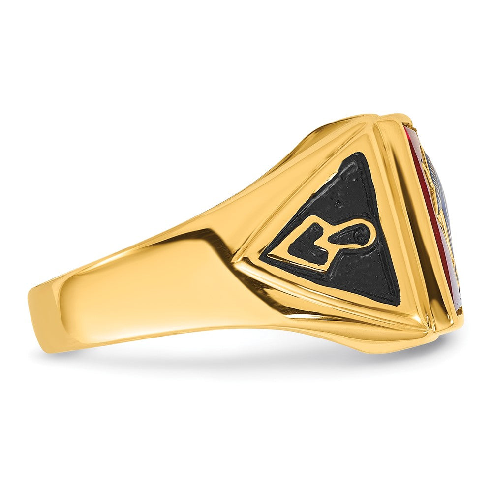 14k Men's Polished and Textured with Black Enamel and Lab Created Ruby Masonic Ring