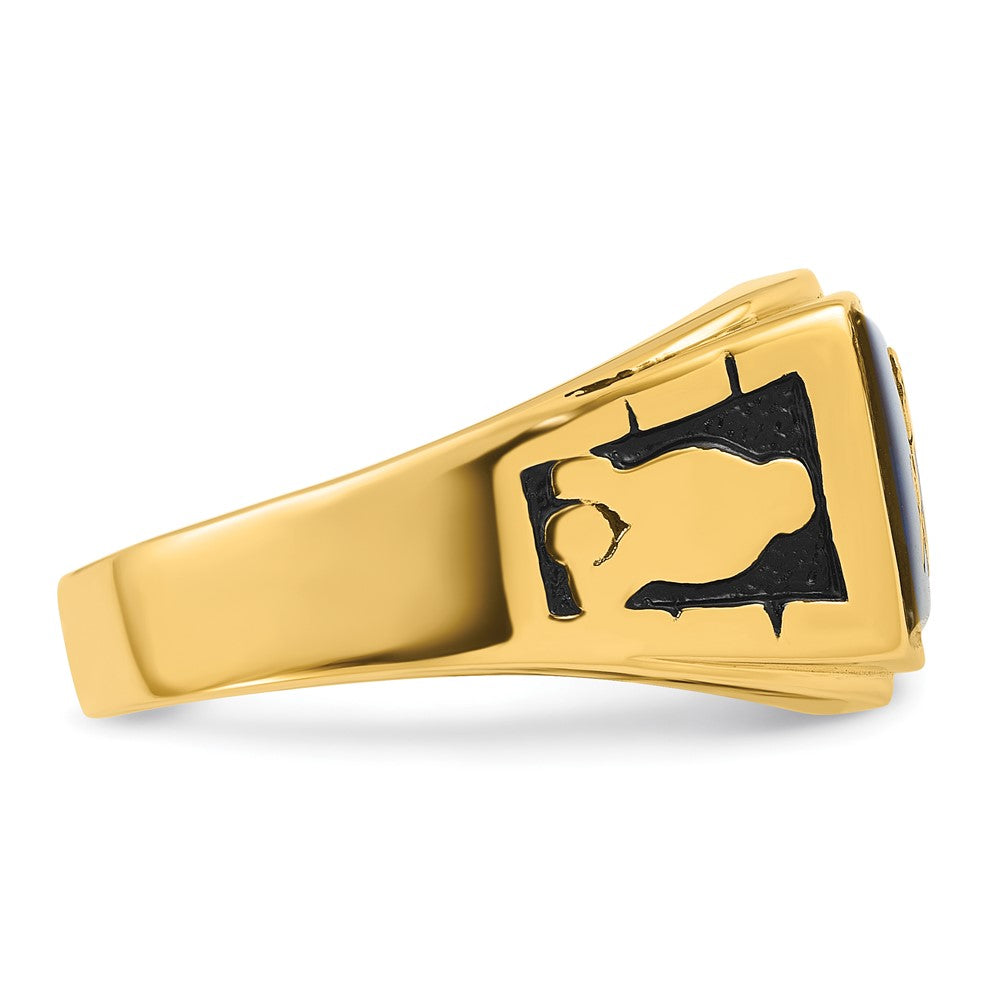 14k Men's Polished and Textured with Black Enamel and Imitation Blue Spinel Masonic Ring
