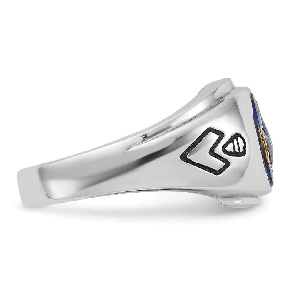 14k White Gold Men's Polished, Antiqued and Grooved with Imitation Blue Spinel Masonic Ring
