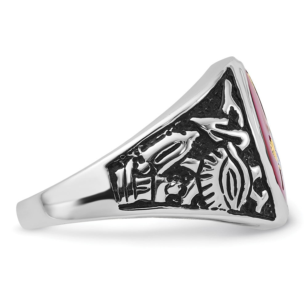 14k White Gold Men's Polished, Antiqued and Textured with Lab Created Ruby Masonic Ring