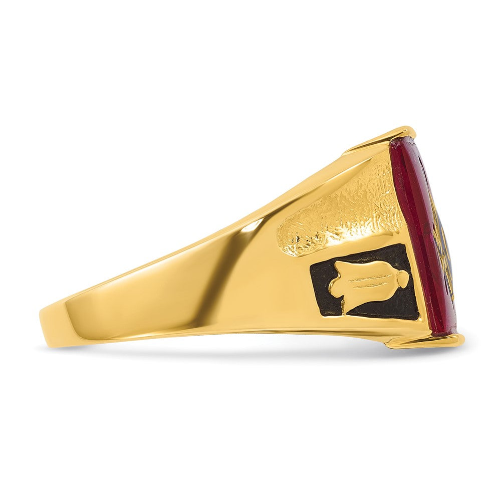 14k Men's Polished and Textured with Black Enamel and Lab Created Ruby Masonic Ring