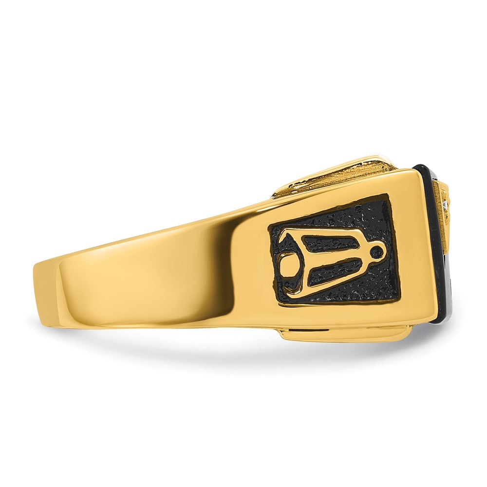 14k Men's Polished and Textured with Black Enamel, Onyx and AA Quality Diamond Masonic Ring