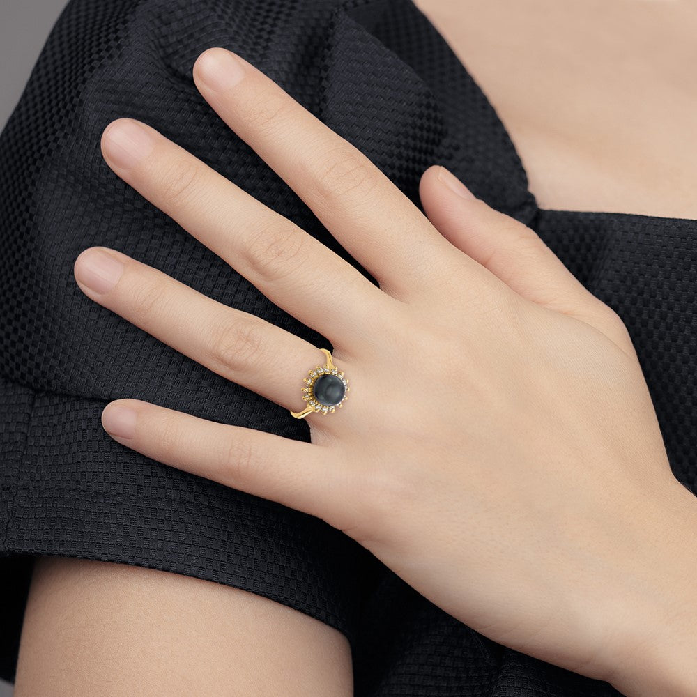 14k 7.5mm Black FW Cultured Pearl AAA Diamond ring