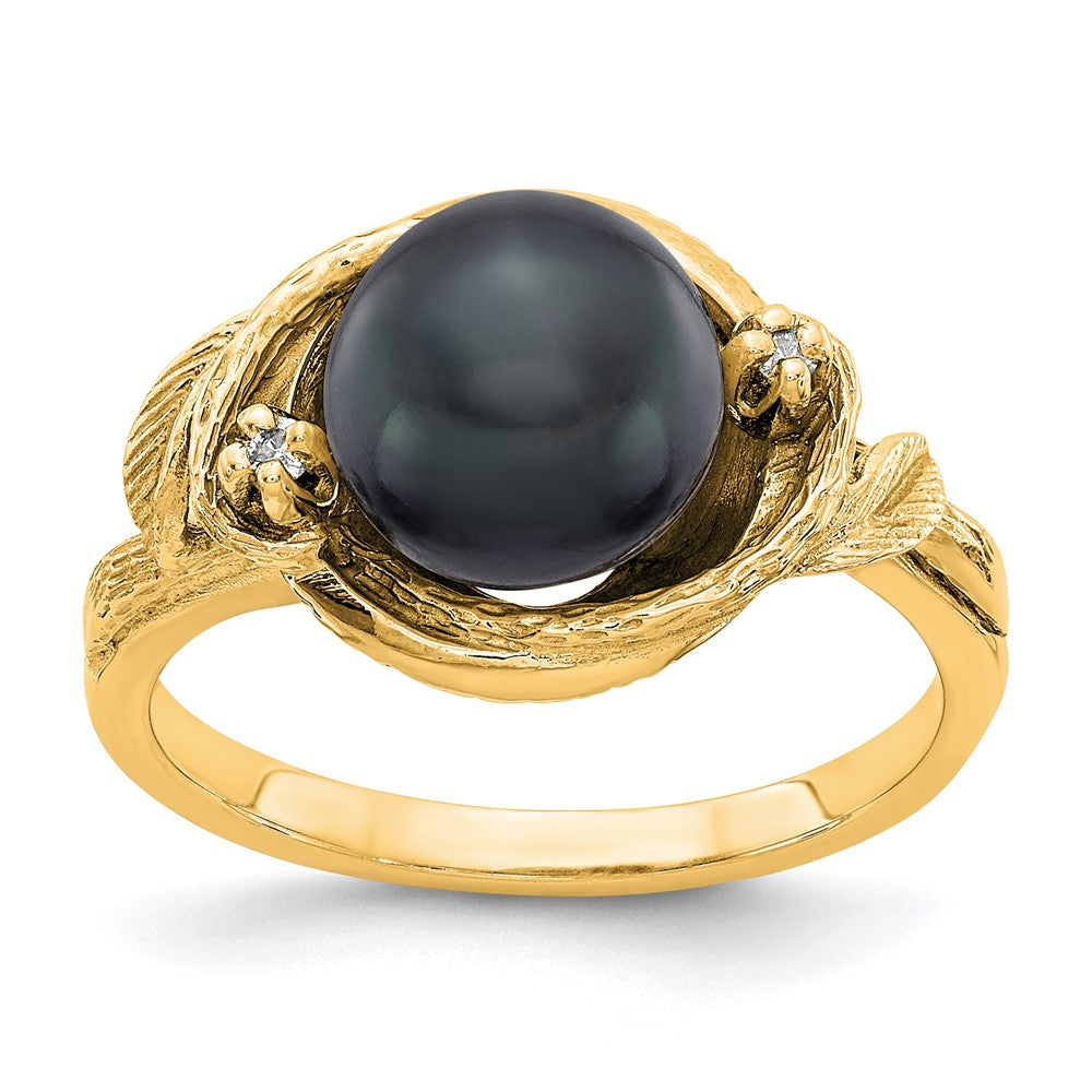 14k 7.5mm Black FW Cultured Pearl AAA Diamond ring