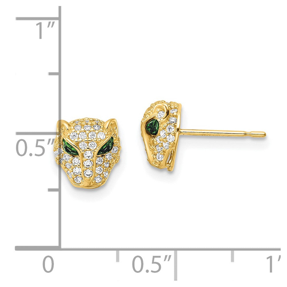 14K Polished Green & White CZ Lioness Head Post Earrings