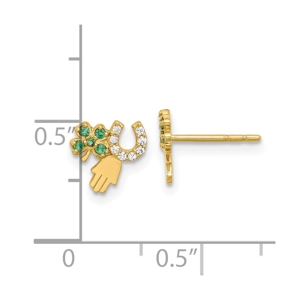 14K Green and Clear CZ Clover Horseshoe and Hamsa Post Earrings