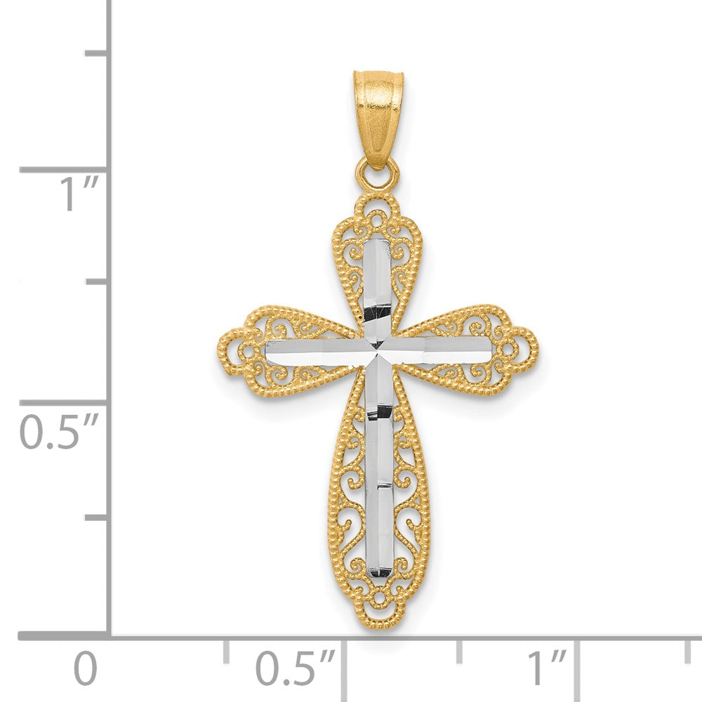 10K w/ Rhodium Diamond-Cut Cross Pendant