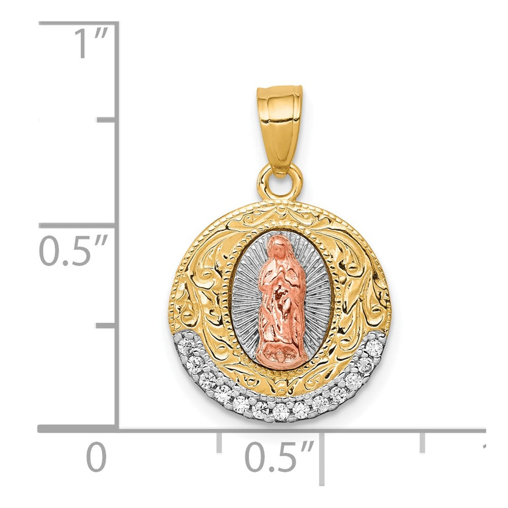10K Two-Tone w/ Rhodium CZ Of Guadalupe Round Pendant
