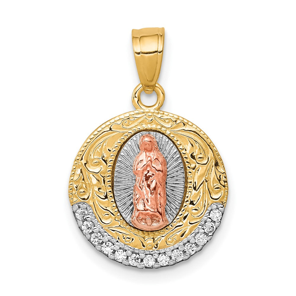 10K Two-Tone w/ Rhodium CZ Of Guadalupe Round Pendant