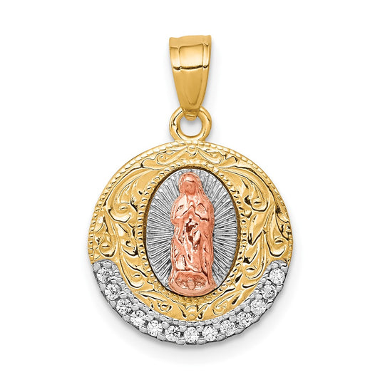 10K Two-Tone w/ Rhodium CZ Of Guadalupe Round Pendant