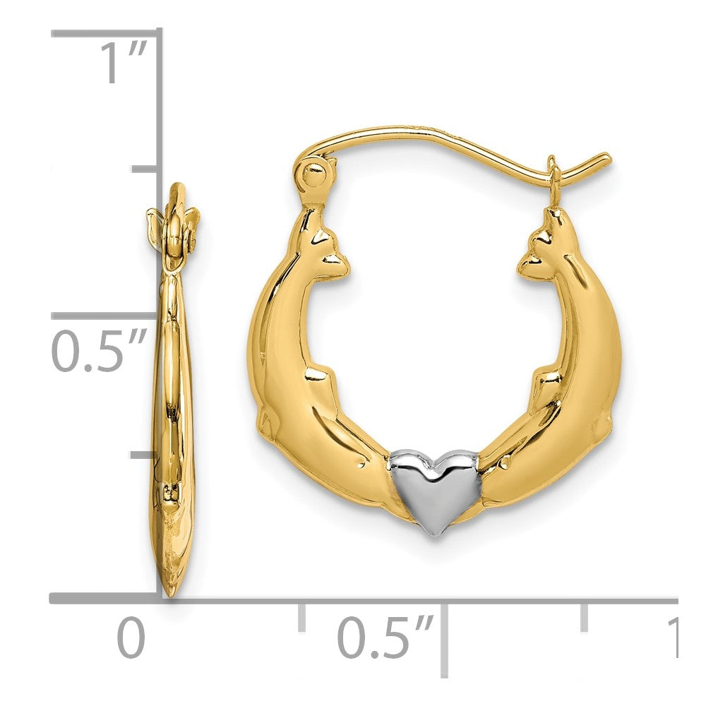 10K and Rhodium Dolphin Heart Hollow Hoop Earrings