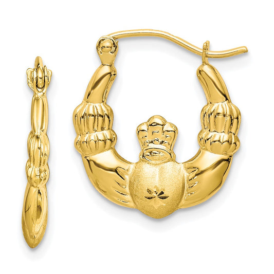 10k Polished & Satin Claddagh Hoop Earrings