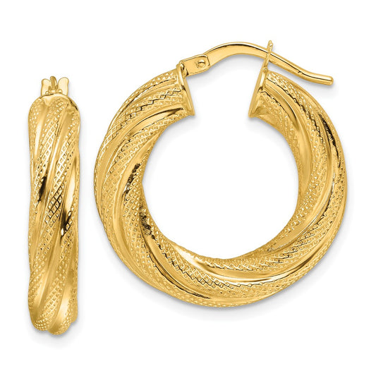 10ky Polished 4.7mm Textured Twist Round Hoop Earrings