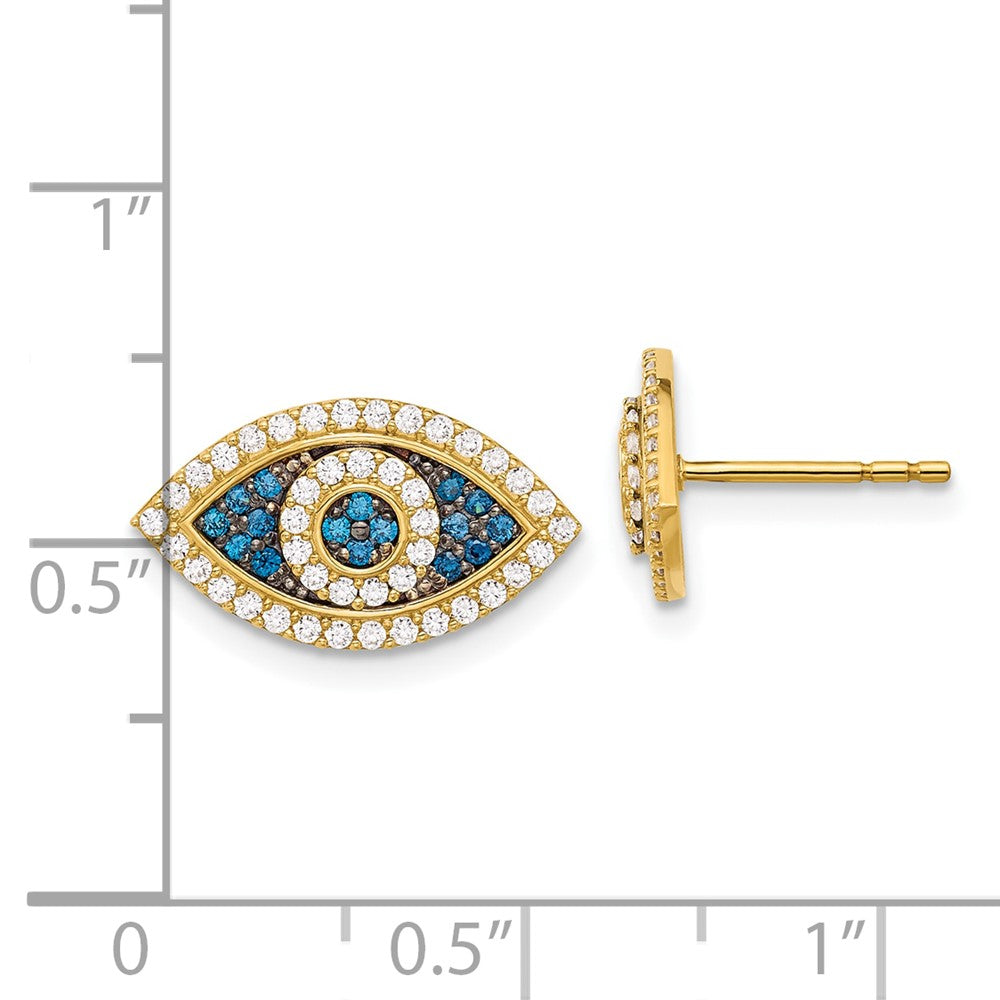 10K Polished Blue & Clear CZ Evil Eye Post Earrings