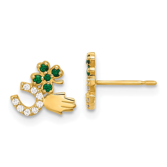 10K Polished Green & Clear CZ Good Luck Post Earrings