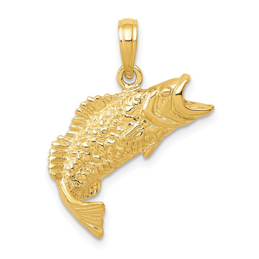 10K Gold Polished & Textured Bass Fish Pendant
