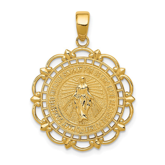 10K Polished Virgin Mary Medal With Scallop Frame Pendant