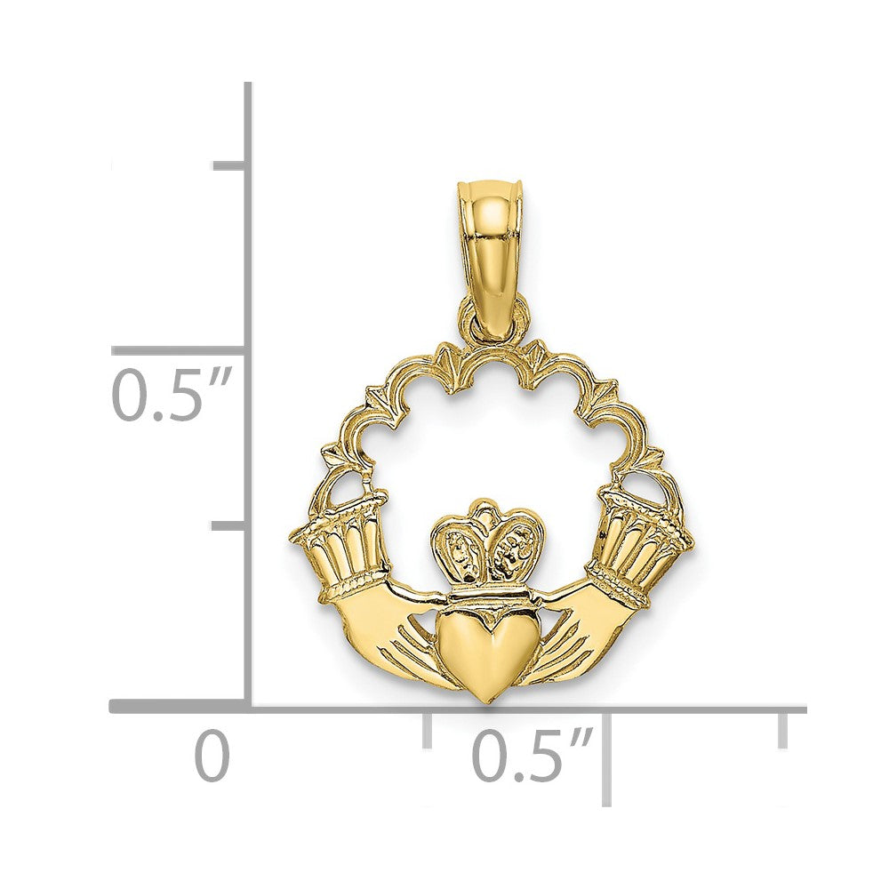 10K Engraved Claddagh In Scallop Circle Charm