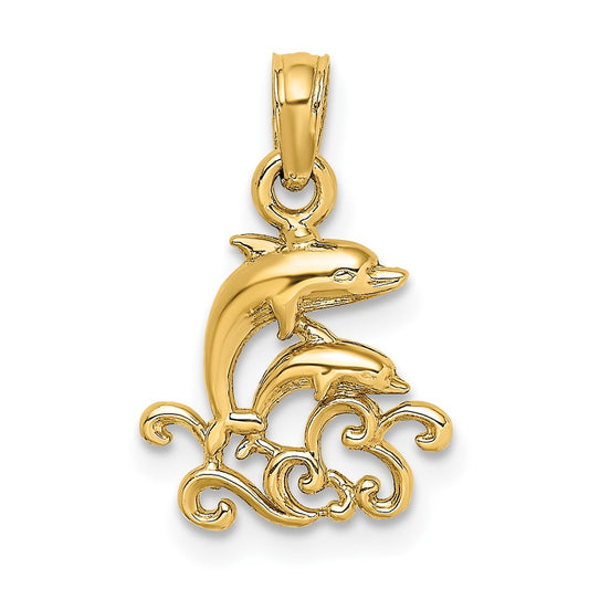 10K Textured Mini Double Dolphins and Waves Charm
