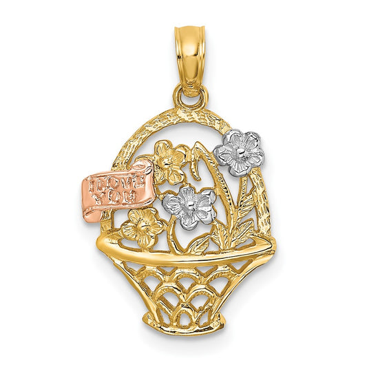 10k Two-Tone w/White Rhodium Flower Basket w/I LOVE YOU Charm