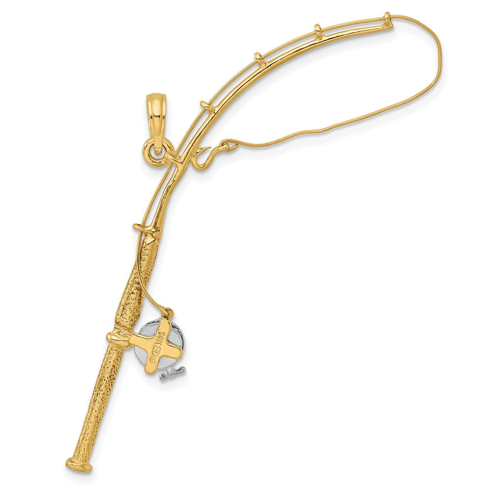 10K w/Rhodium 3-D Moveable Fishing Pole W/ Reel Pendant