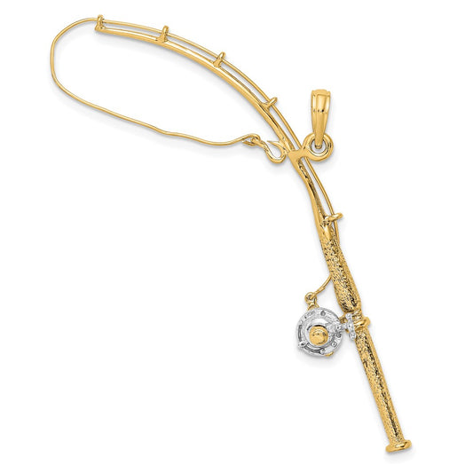 10K w/Rhodium 3-D Moveable Fishing Pole W/ Reel Pendant