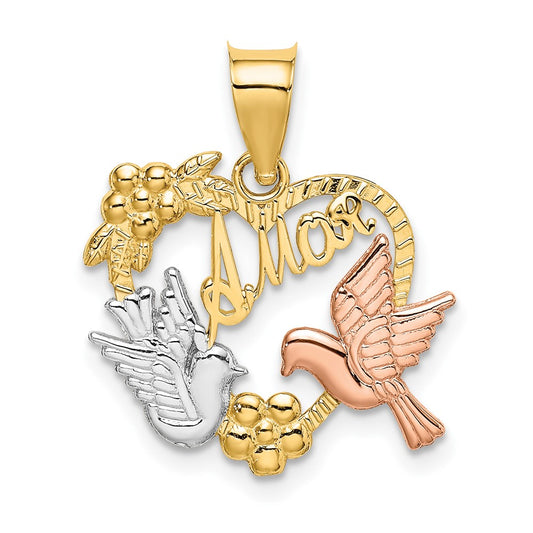 10k Two-tone w/White Rhodium AMOR Heart w/Doves Charm