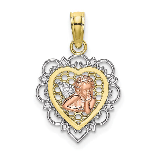 10K Two-tone w/Rhodium Small Angel In Heart Charm