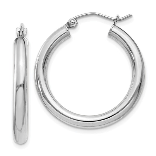 10k White Gold Polished 3mm Lightweight Tube Hoop Earrings