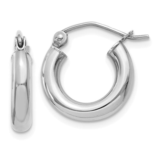 10k White Gold Polished 3mm Lightweight Tube Hoop Earrings