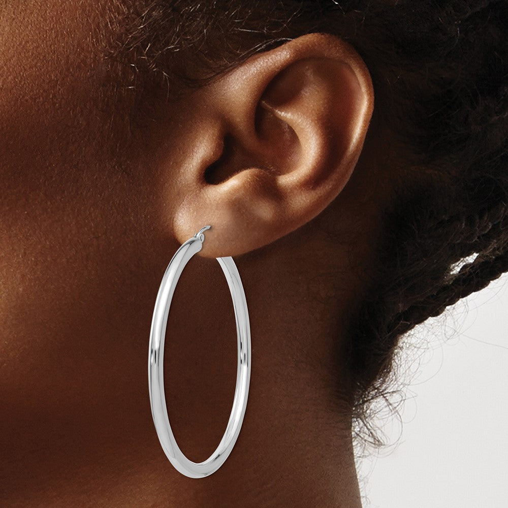10k White Gold Polished 3mm Lightweight Tube Hoop Earrings