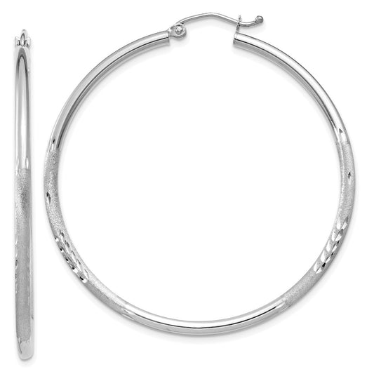 10k White Gold Satin and Diamond-cut 2mm Round Hoop Earrings