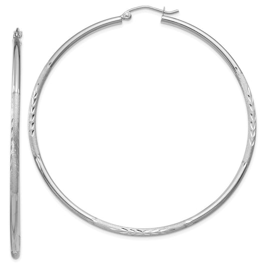 10k White Gold Satin and Diamond-cut 2mm Round Hoop Earrings