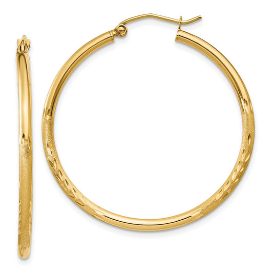 10k Satin and Diamond-cut 2mm Round Tube Hoop Earrings