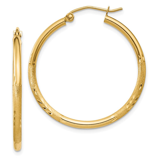 10k Satin and Diamond-cut 2mm Round Tube Hoop Earrings