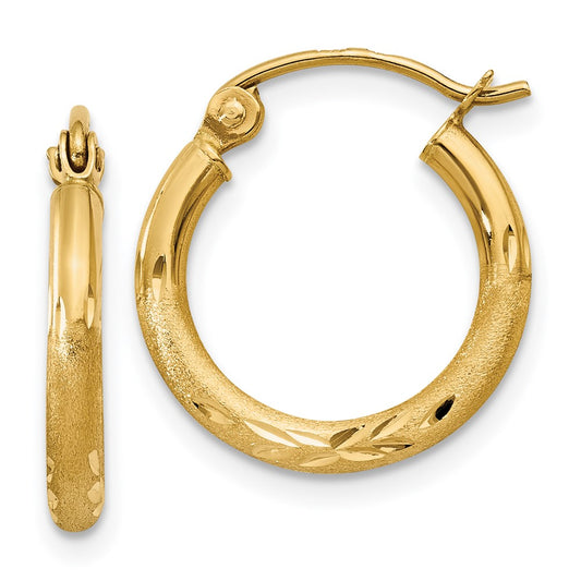10k Satin and Diamond-cut 2mm Round Tube Hoop Earrings