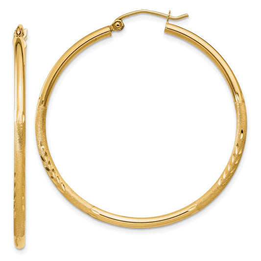 10k Satin and Diamond-cut 2mm Round Tube Hoop Earrings
