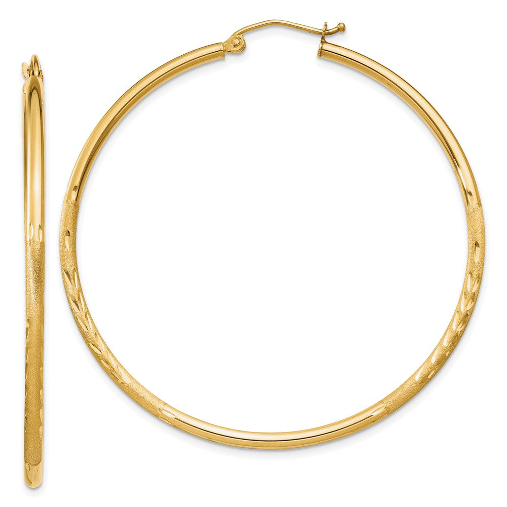 10k Satin and Diamond-cut 2mm Round Tube Hoop Earrings