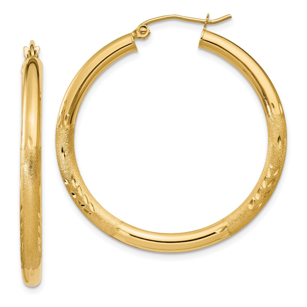 10k Satin & Diamond-cut 3mm Round Hoop Earrings