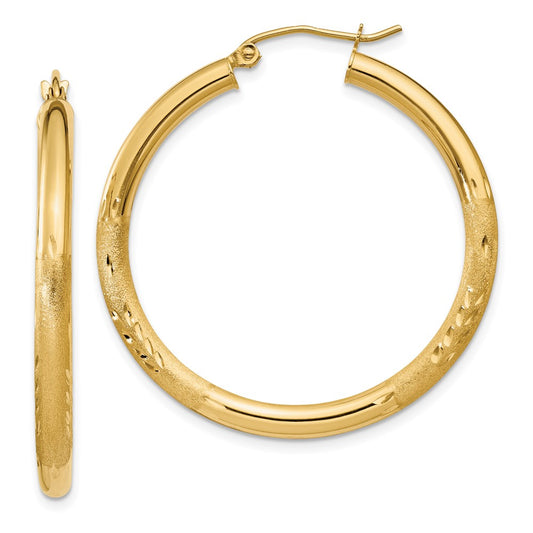 10k Satin & Diamond-cut 3mm Round Hoop Earrings