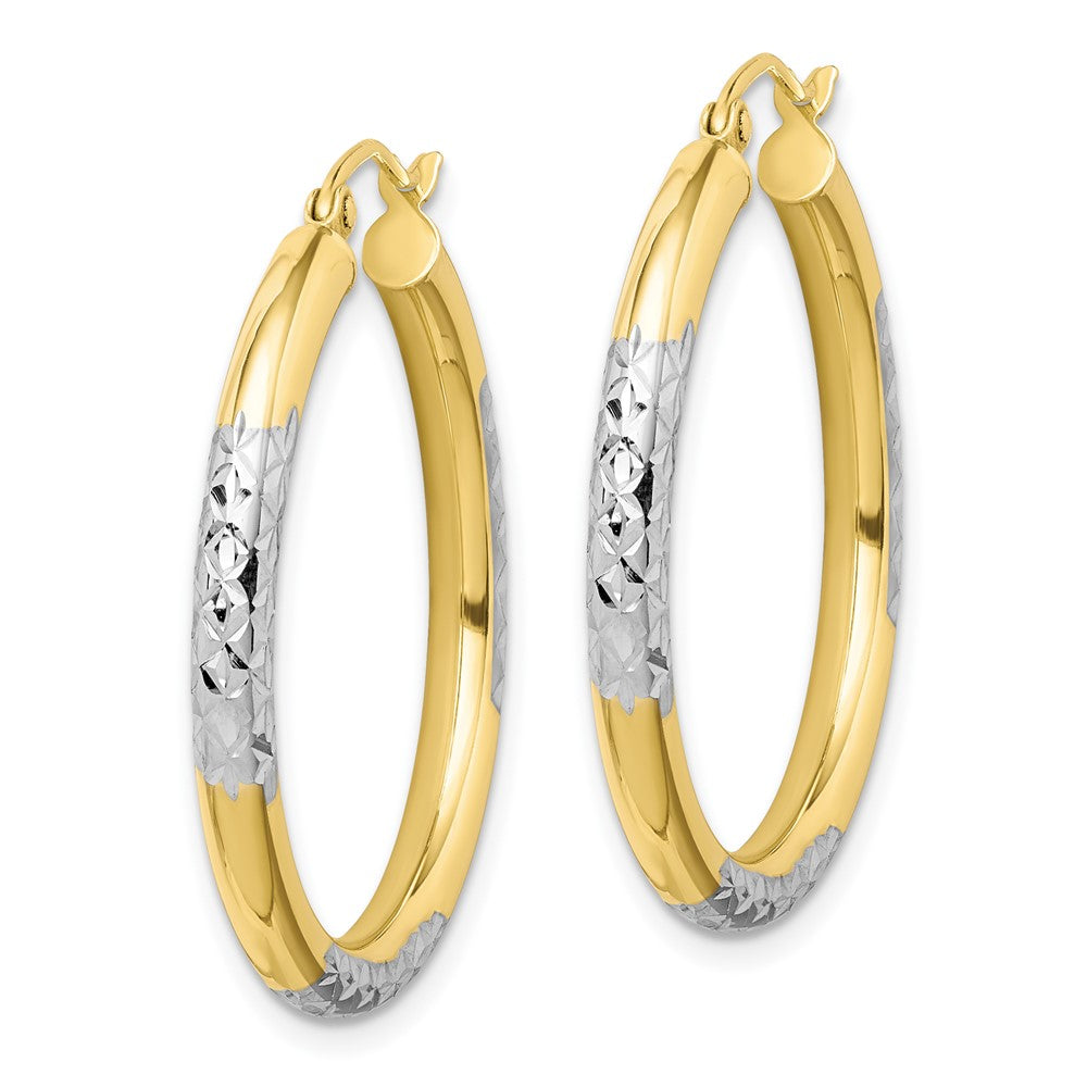 10K & Rhodium Diamond Cut 3mm Hoop Earrings