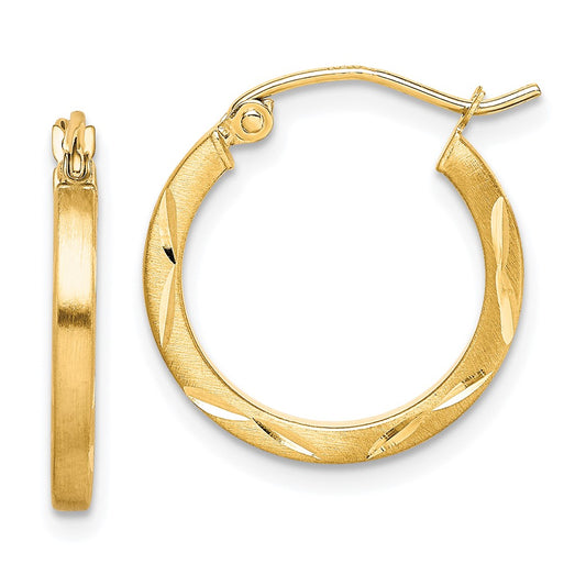 10K Satin Diamond Cut 2x20mm Hoop Earrings